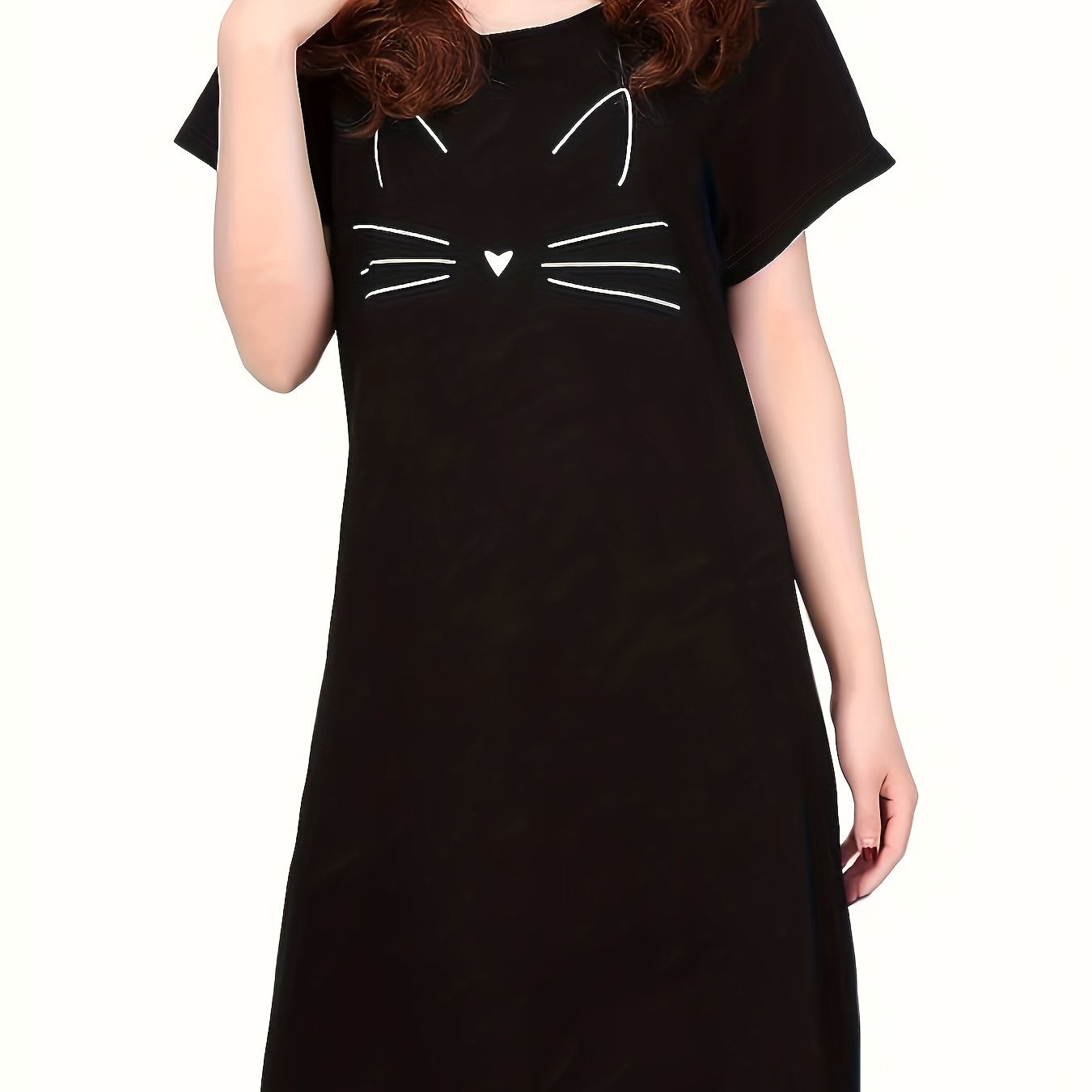 Kitty Print NightDress Short Sleeve Crew Neck Sleepwear Pajama Dress