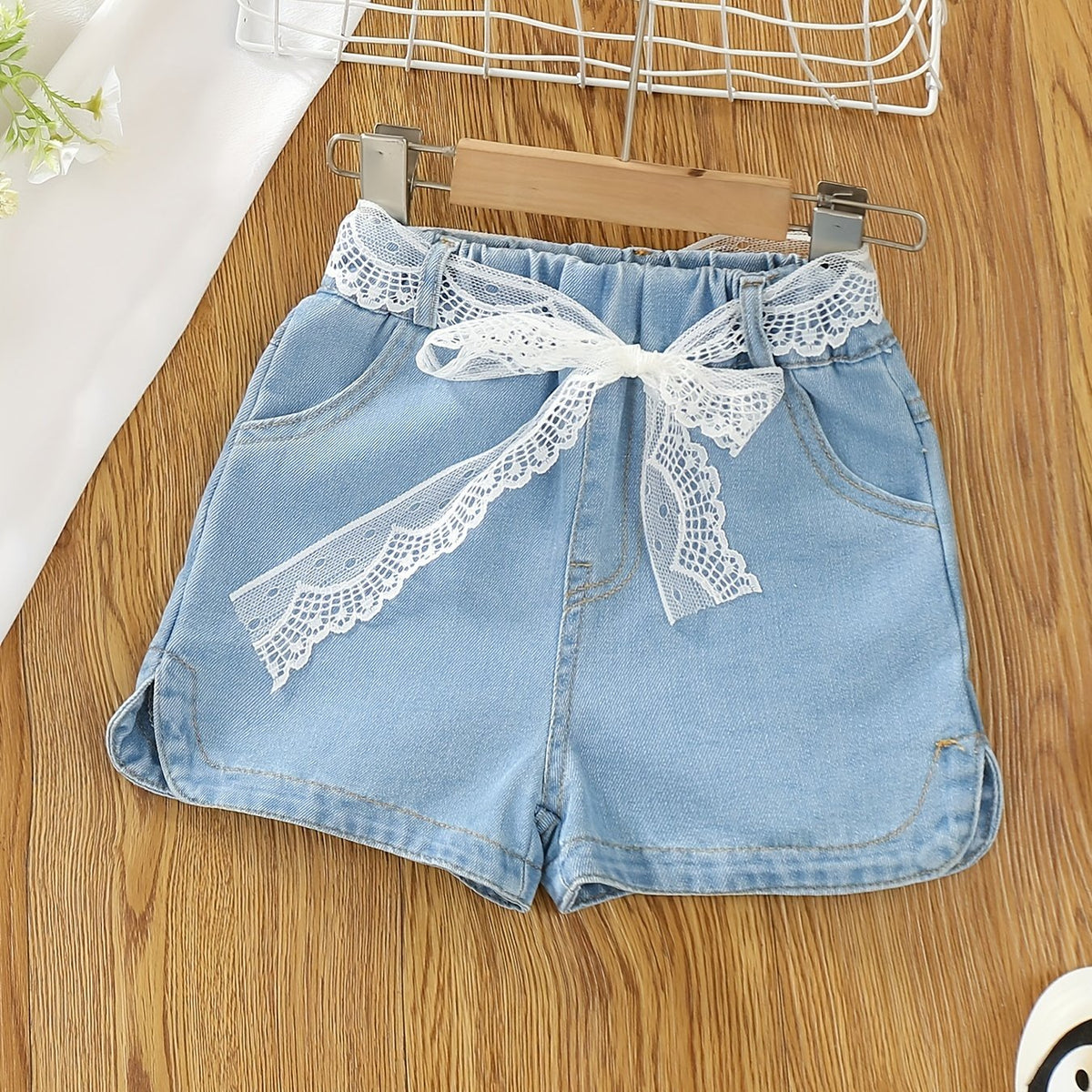 Girls Denim Shorts with Lace Belt for Summer