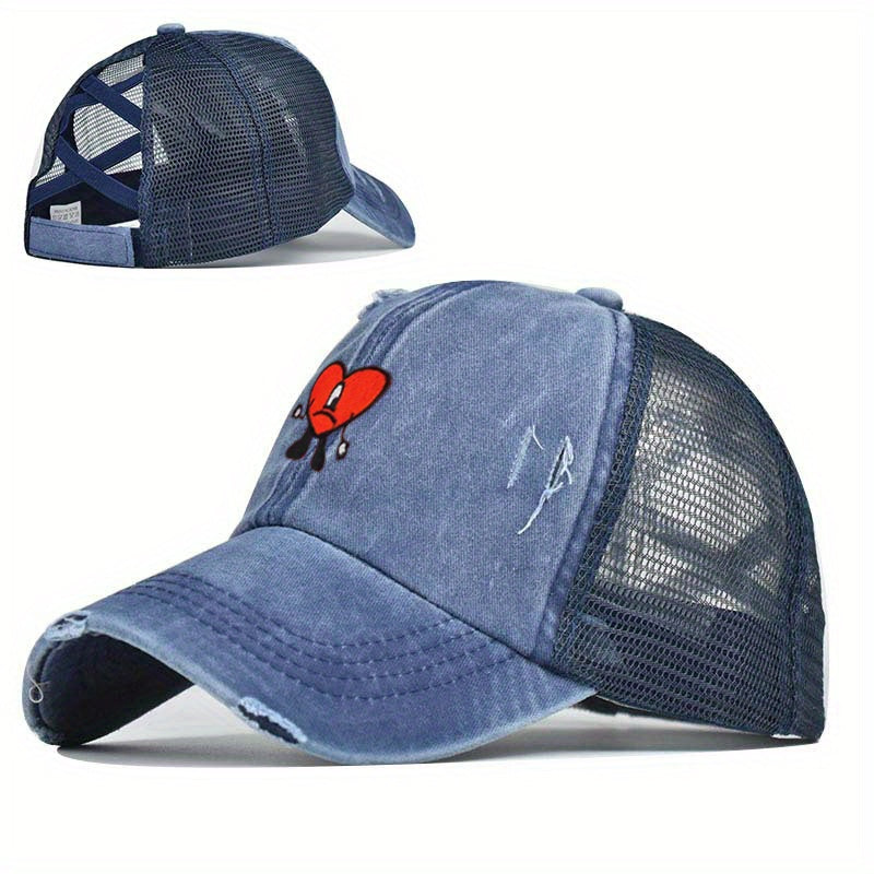 Heart Ripped Ponytail Baseball Cap Candy Washed Distressed Mesh Trucker Hat