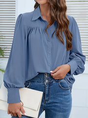  Blouse Lantern Sleeve Ruched Button Up Shirt