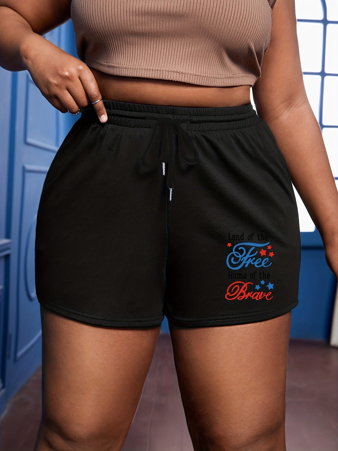  Star & Letter Print Drawstring Shorts