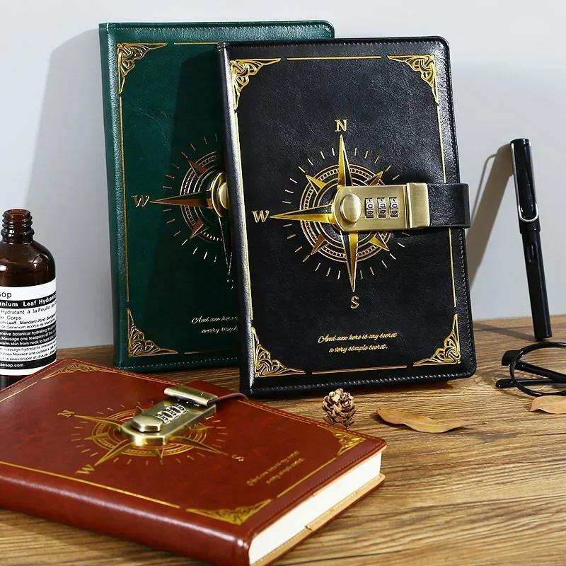 Vintage Leather Diary Notebook with Lock Retro Compass Plain Paper