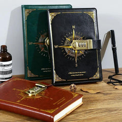 Vintage Leather Diary Notebook with Lock Retro Compass Plain Paper