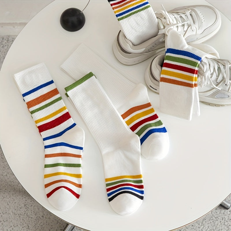 5 Pairs Rainbow Striped Socks Mid Tube Women's Stockings