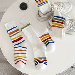 5 Pairs Rainbow Striped Socks Mid Tube Women's Stockings
