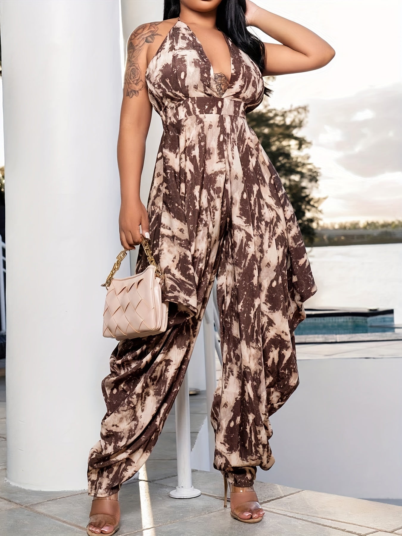  Sexy Jumpsuit Women's Plus Tie Dye Deep V Neck