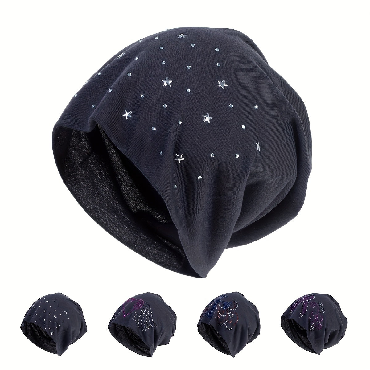Rhinestone Slouchy Beanie Hip Hop Skull Cap Elastic Bonnet Chemo Hats