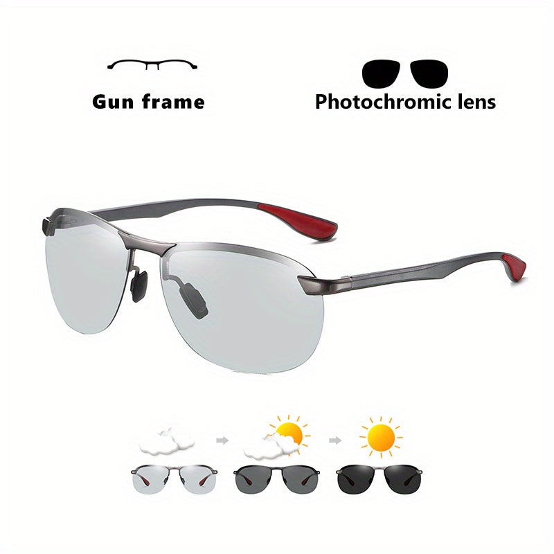 Aluminum Rimless Photochromic Sunglasses Men Polarized Driving Sun Glasses