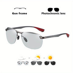 Aluminum Rimless Photochromic Sunglasses Men Polarized Driving Sun Glasses
