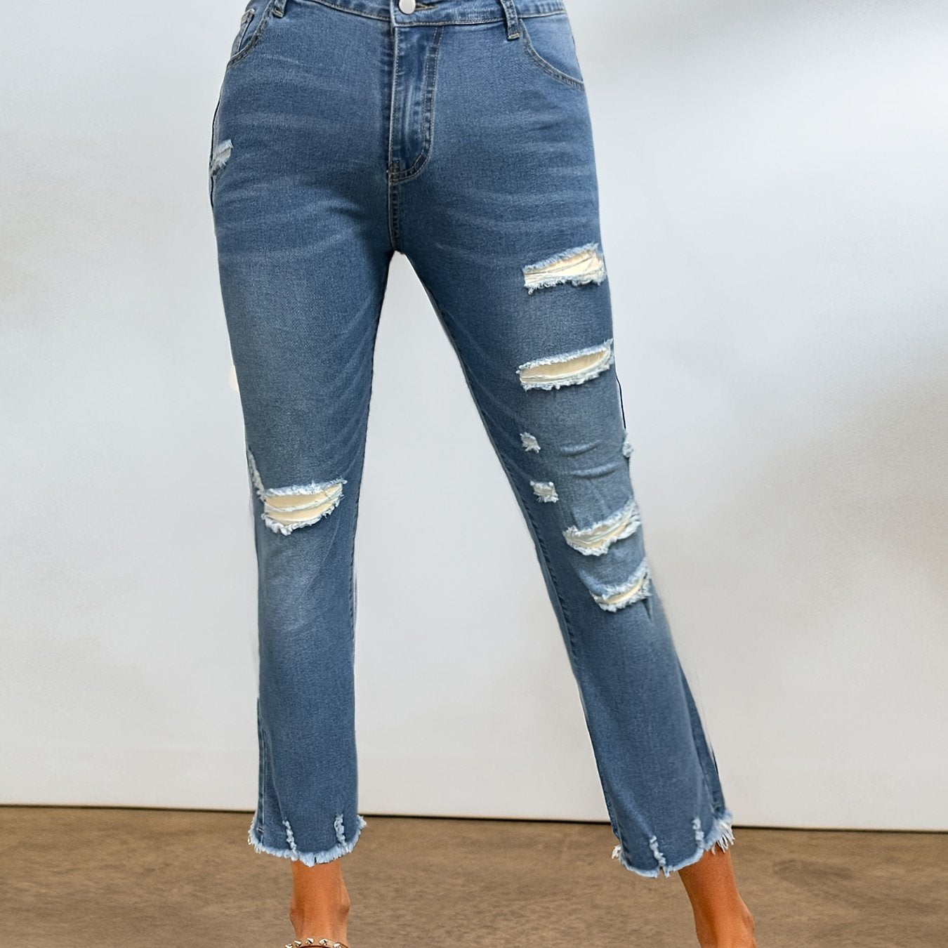  Casual Jeans Women Ripped Fringe Trim Flared Leg Jeans