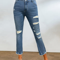 Casual Jeans Women Ripped Fringe Trim Flared Leg Jeans