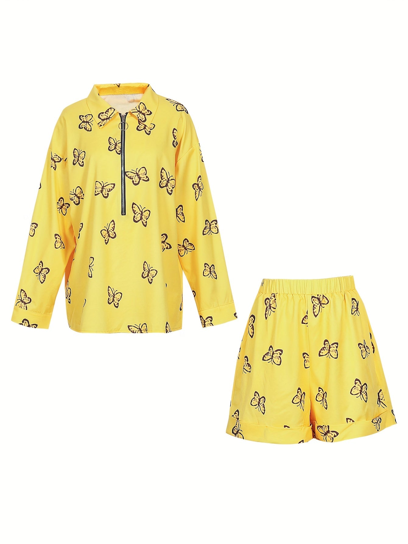Women's Plus Butterfly Print Half Zipper Top & Roll Up Shorts Set