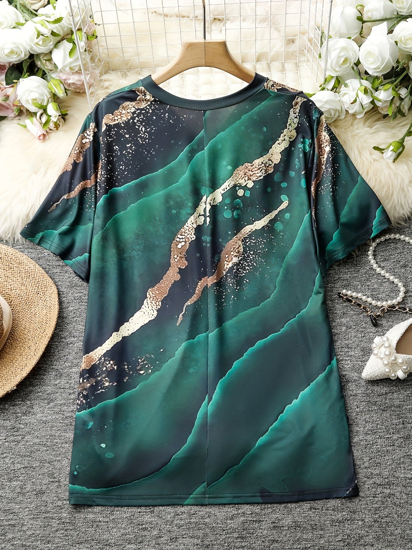  Marble Print V Neck Stretch Tank Top