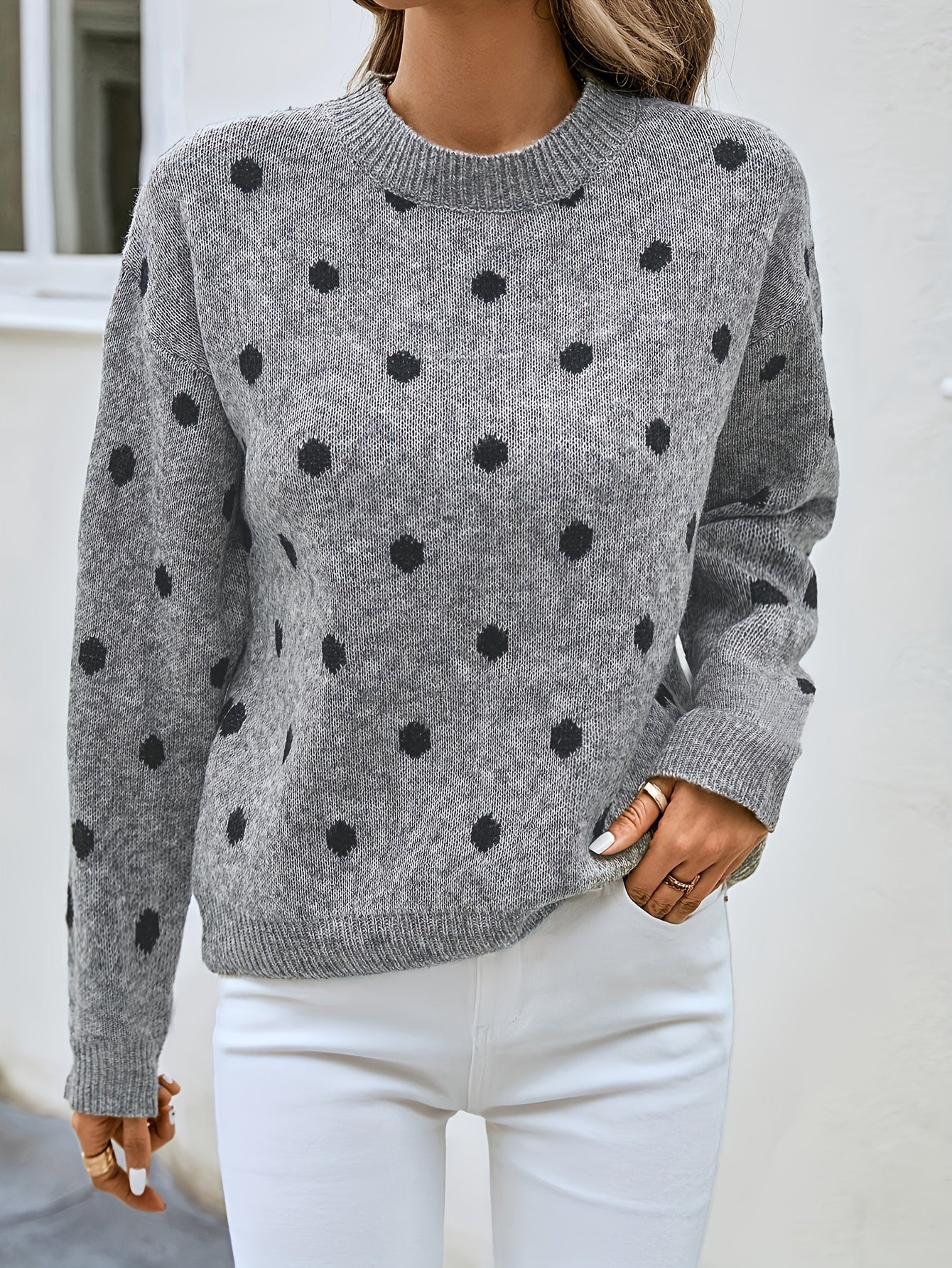  Dot Print Long Sleeve Sweater Round Neck Jumper