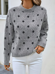  Dot Print Long Sleeve Sweater Round Neck Jumper