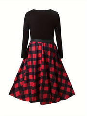  Colorblock Graphic Print Round Neck Belted Dress