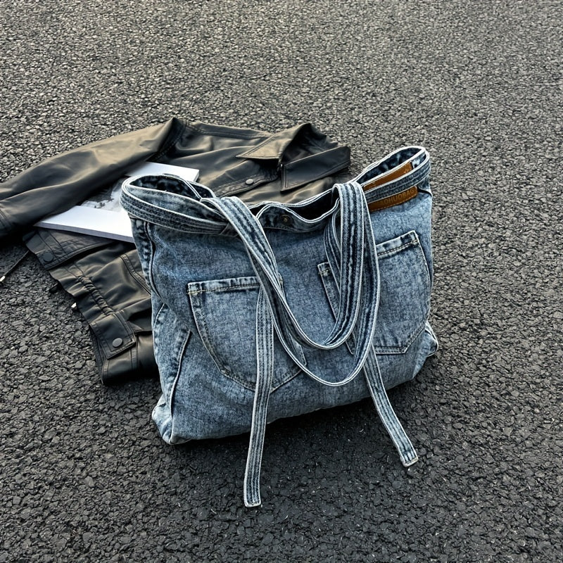 Denim Canvas Tote Bag Large Capacity Shoulder Bag Vintage Y2K Hobo Bag