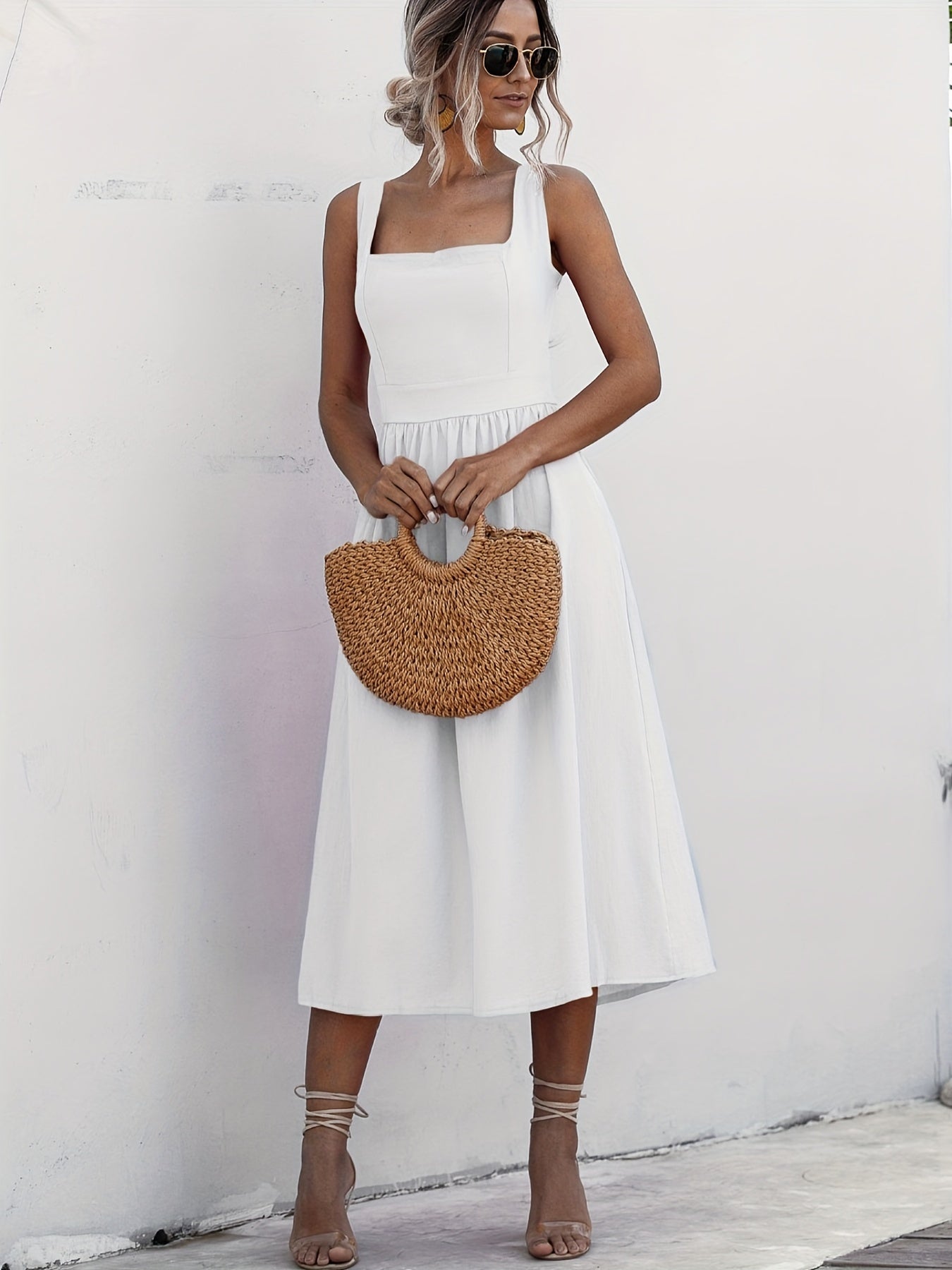 Women Solid Midi Long Dress Backless Slip Square Collar Ruched Party