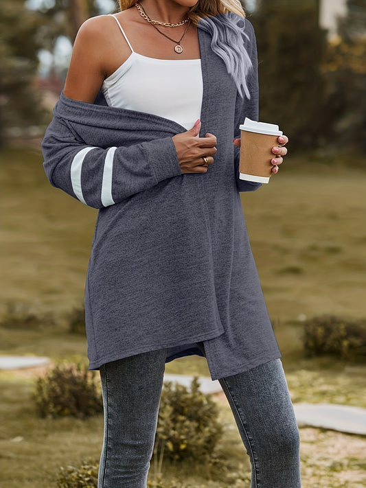  Casual Cardigan Women's Plus Stripe Print Long Sleeve Open Front