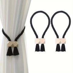 2pcs Hand Woven Wooden Magnetic Curtain Tiebacks for Bedroom and Living Room