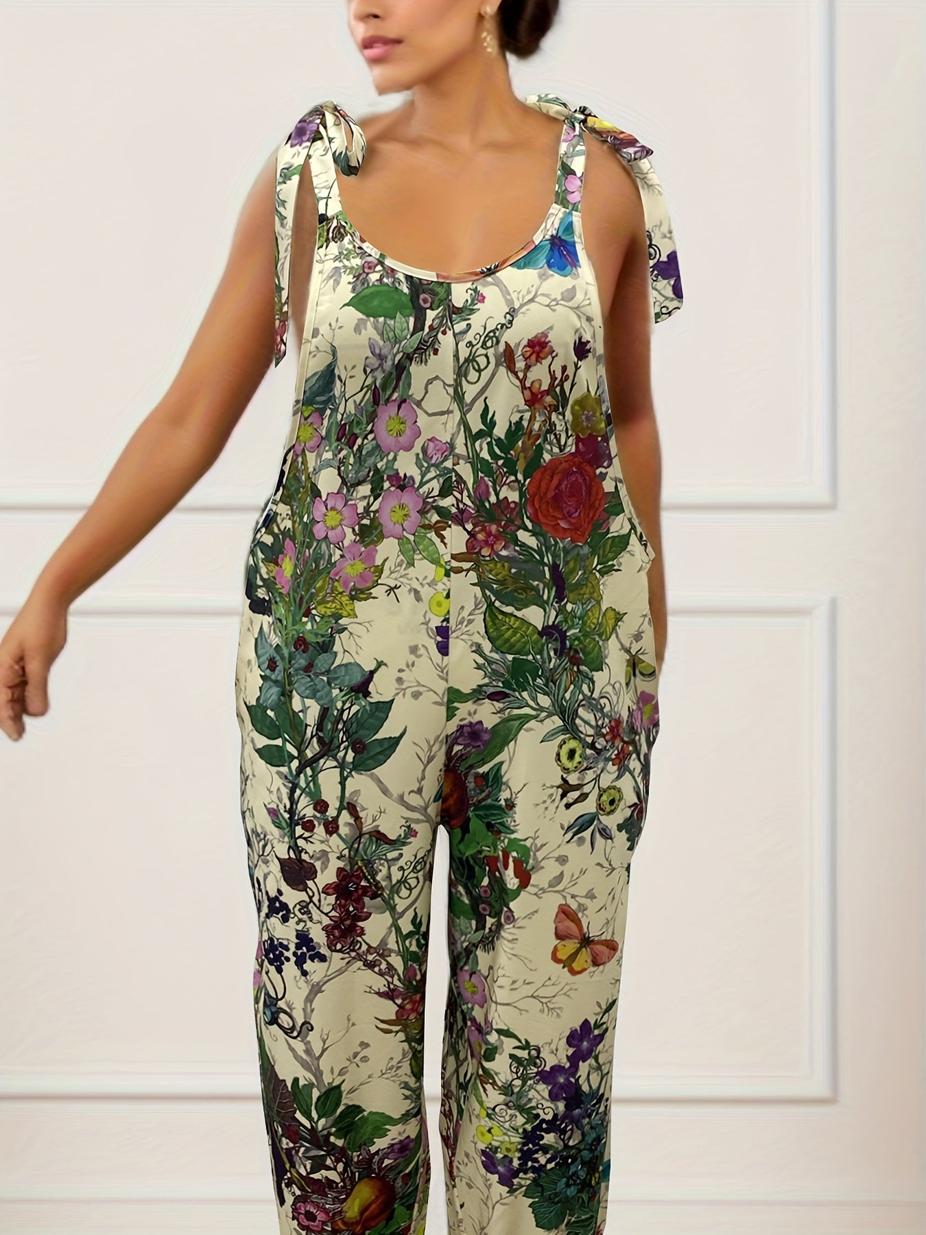  Floral Print Round Neck Tie Shoulder Cami Jumpsuit