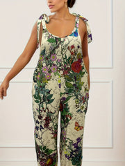  Floral Print Round Neck Tie Shoulder Cami Jumpsuit