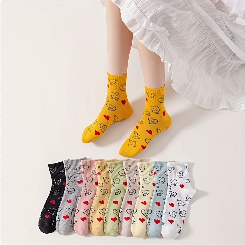 10 Pairs Heart Print Socks Soft & Comfy All Match Short Socks Women's Stockings