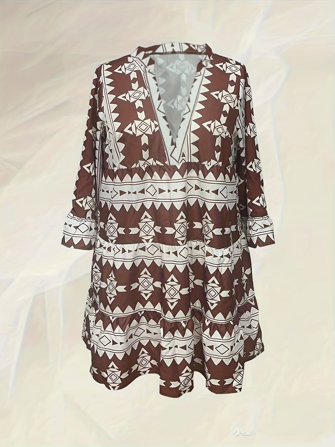  Bell Sleeve Geometric Print V Neck Smock Mini Dress