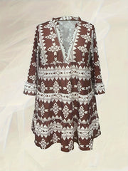  Bell Sleeve Geometric Print V Neck Smock Mini Dress
