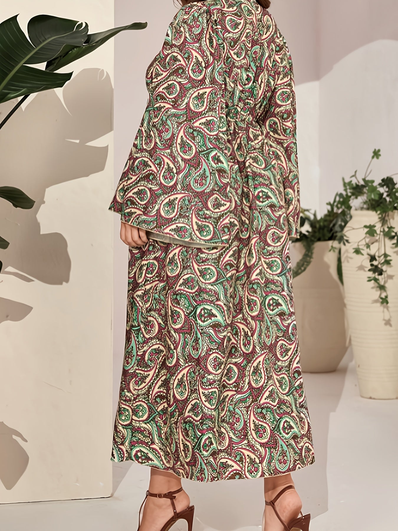  Abaya Dress Women's Plus Paisley Floral Print Tassel Bell Sleeve V Nec