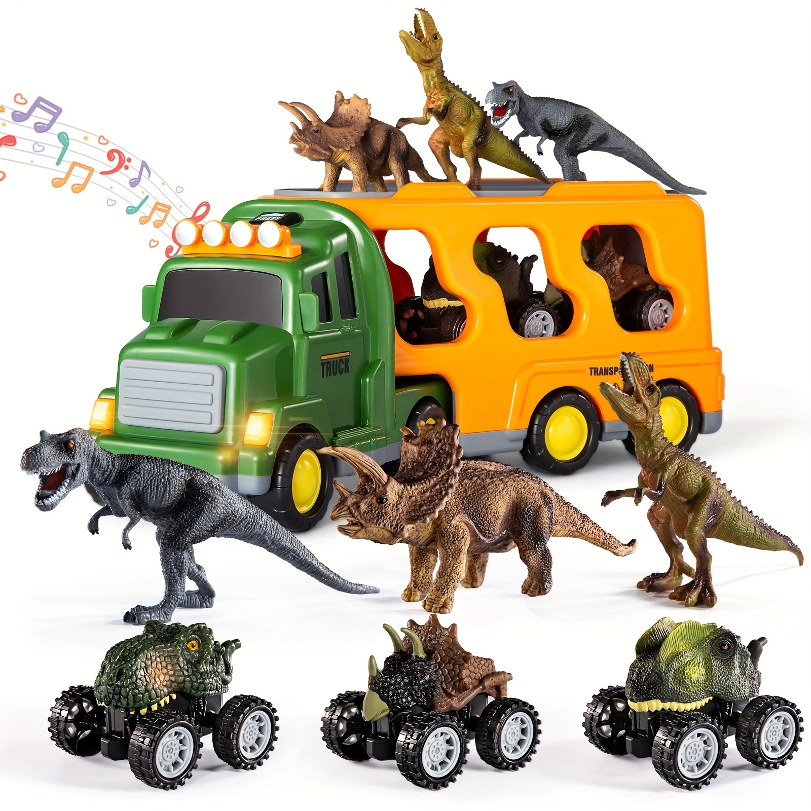 3 Dino Figures & 3 Monster Cars Light & Sound Friction Toy Set