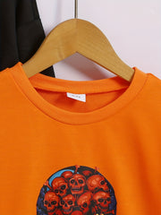 2 Boys Halloween Skull & Scary Print Sweatshirt Crew Neck Tops Outdoor