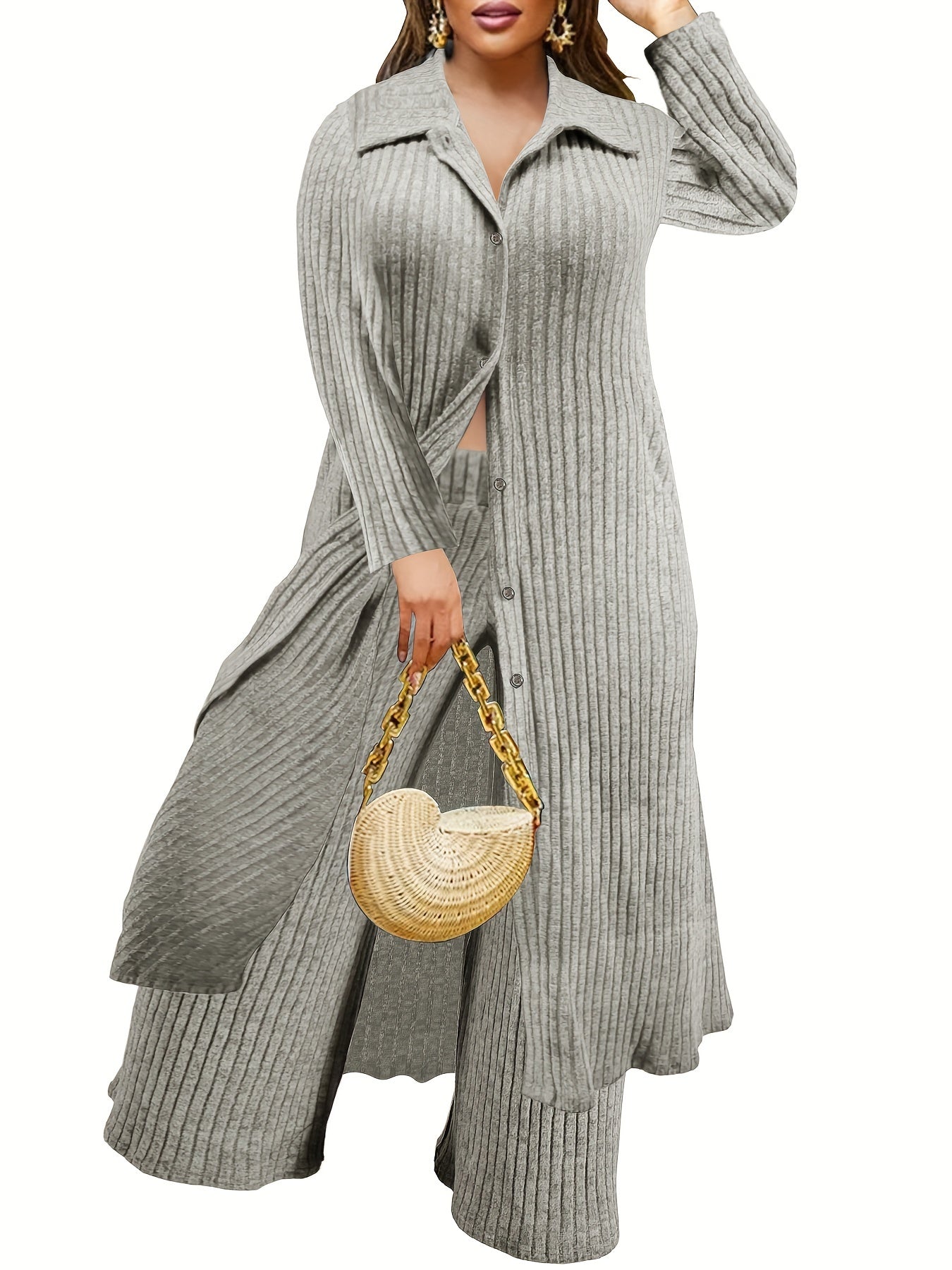  Ribbed Button Up Long Sleeve Polo Neck Blouse & Pants Set