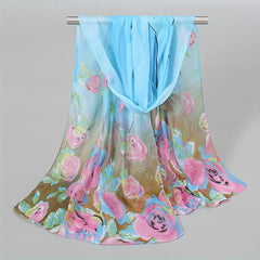 Rose Print Chiffon Scarf Thin Silk Wrap Hijab Sunscreen Shawl