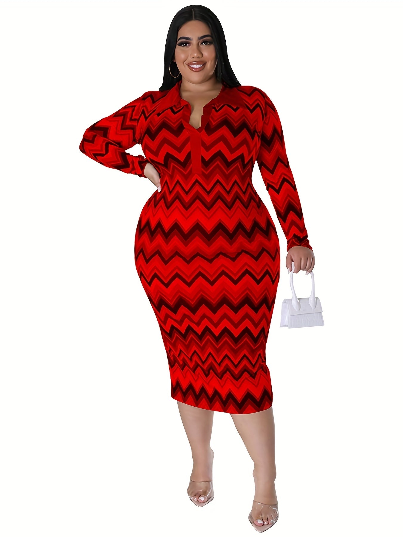 Geometric Print Turn Down Collar Bodycon Dress Plus Size