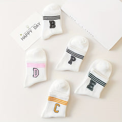 5 Pairs Letter & Stripe Print Socks Women's Mid Tube Stockings