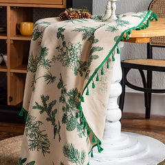 Green Pine Cone Print Round Fringed Tablecloth