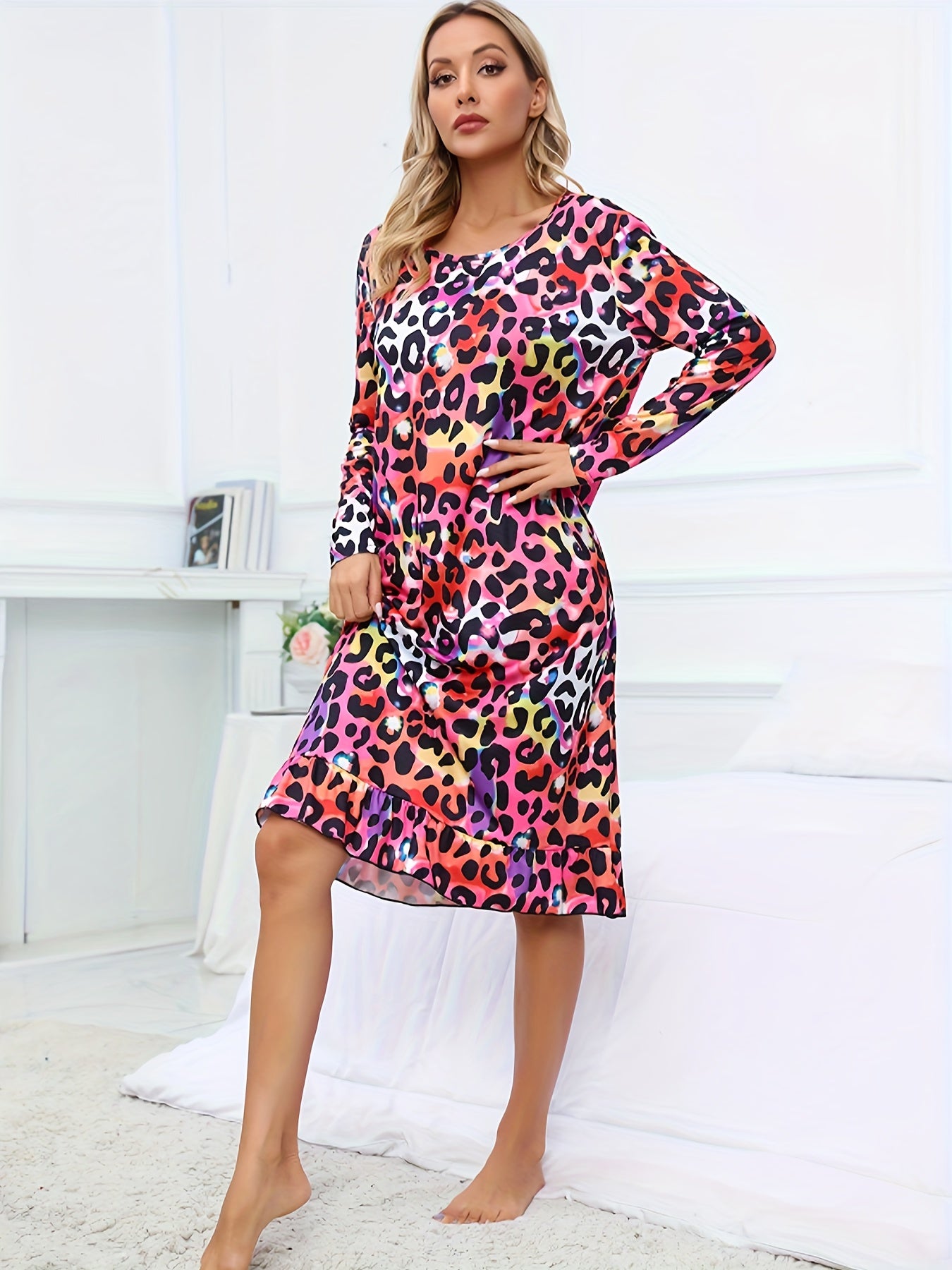 Leopard Lounge Dress Ruffle Home Dress Women's Loungewear