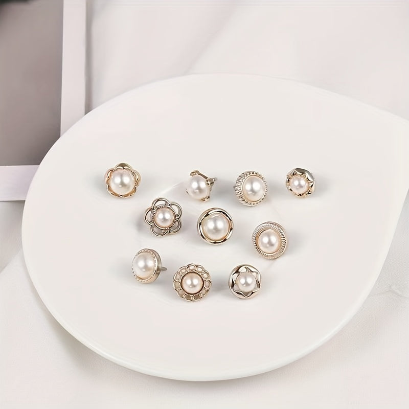Faux Pearl Rhinestone Button Brooch Safety Pin for Women's Clothing
