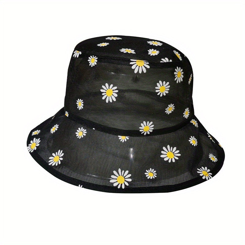 Daisy Flower Embroidery Bucket Hat Mesh Breathable Sunscreen Fisherman Cap