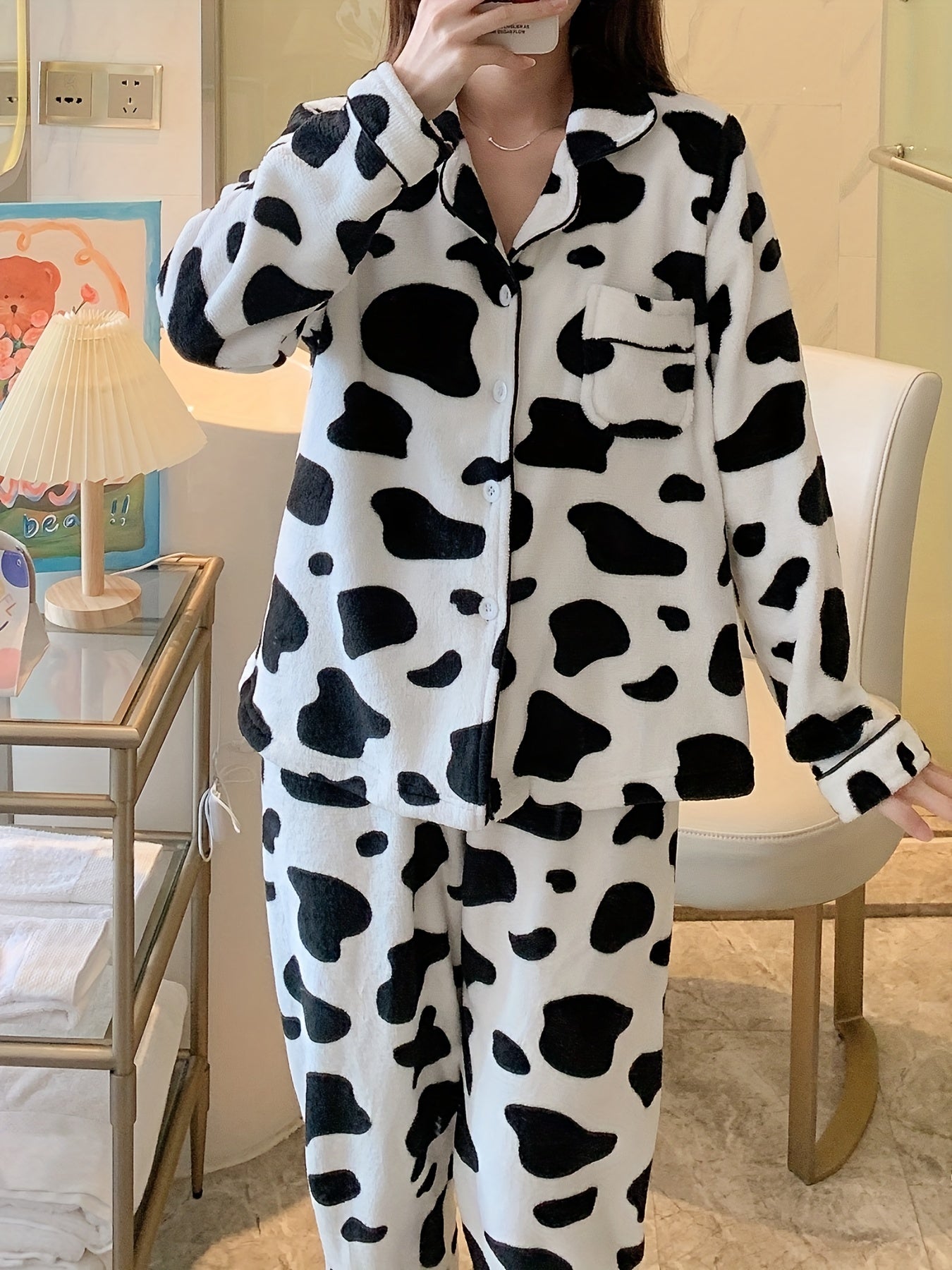 Cow Print Pajama Set Long Sleeve Top & Pants Women's Sleepwear