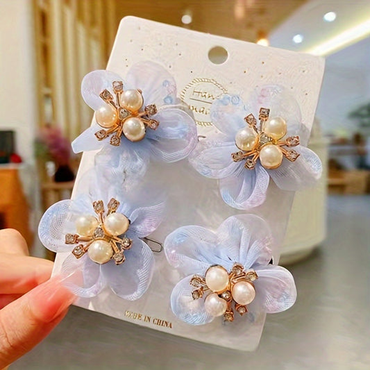4pcs Girls Faux Pearl & Flower Hair Clip Set