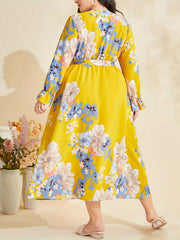  Floral Print Lantern Sleeve Dress With Belt