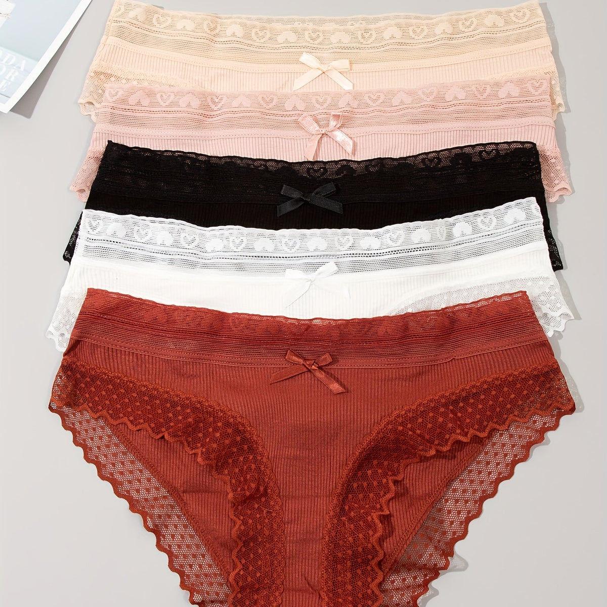 5pcs Lace Trim Ribbed Briefs Stretchy Panties Women's Lingerie