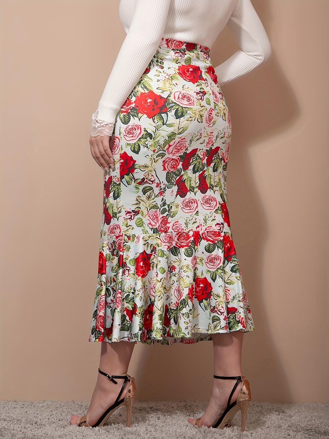  Floral Print High Rise Ruffle Trim Bodycon Mermaid Skirt
