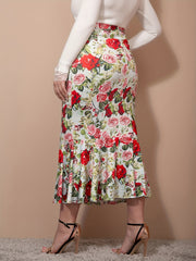  Floral Print High Rise Ruffle Trim Bodycon Mermaid Skirt