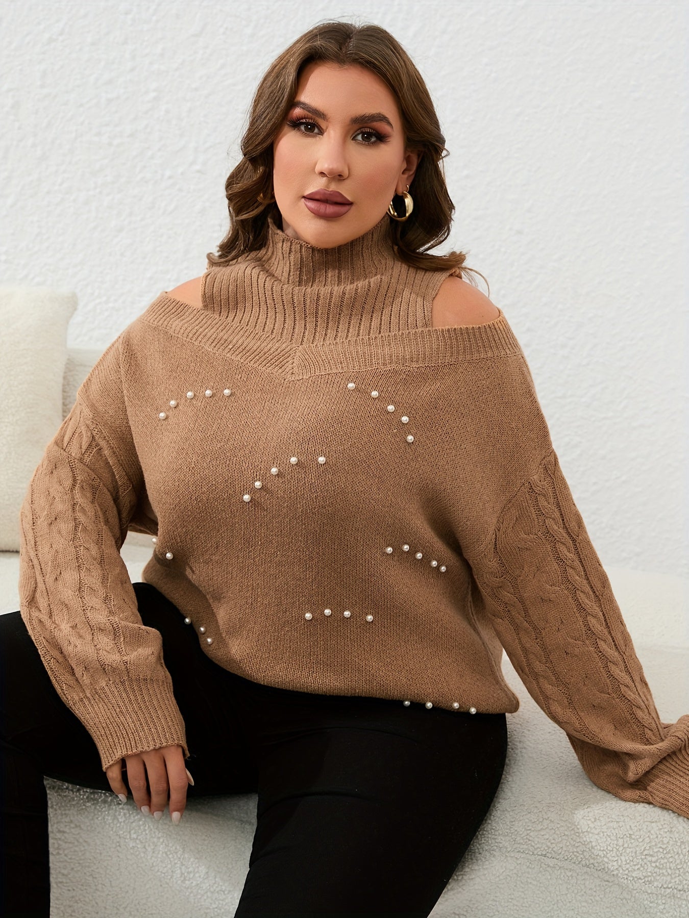  Women's Cold Shoulder Knit Top with Faux Pearl Decoration