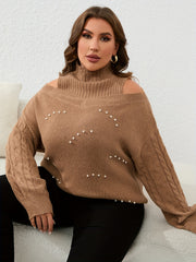  Women's Cold Shoulder Knit Top with Faux Pearl Decoration