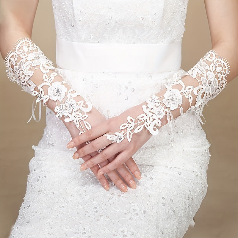Lace Hollow Flower Gloves Lolita Hook Finger Beige Wedding Bridal