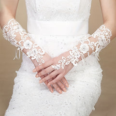 Lace Hollow Flower Gloves Lolita Hook Finger Beige Wedding Bridal